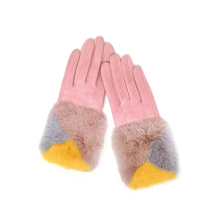 Suede clor fur gloves - Pink