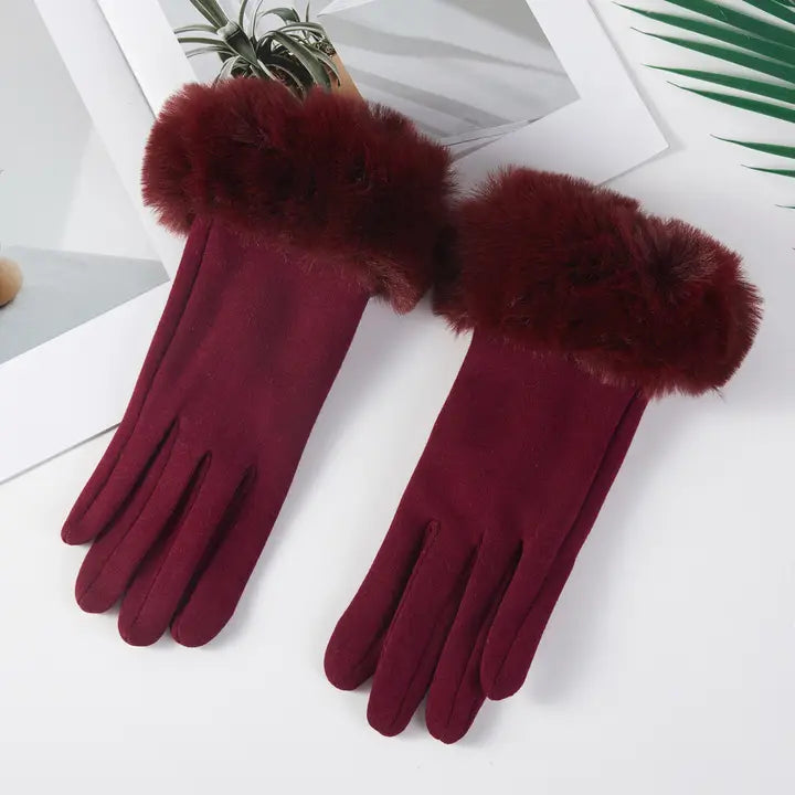 Fur wrist gloves - Burgundy