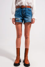 Load image into Gallery viewer, Ripped denim shorts - mid wash
