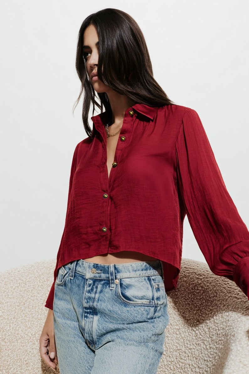 blanket stitch cropped blouse - crimson red