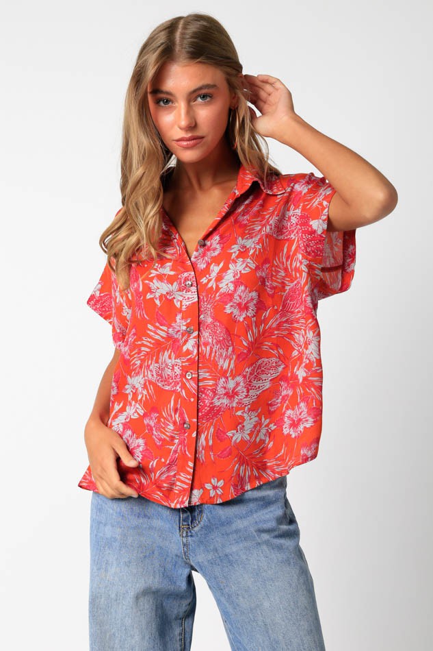 Satin floral top - Orange red