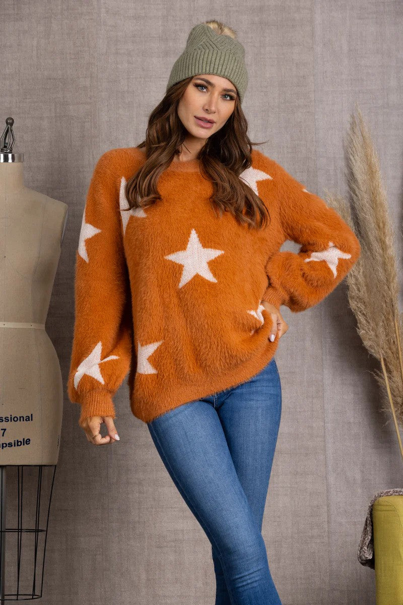 Fuzzy Star Sweater - Rust