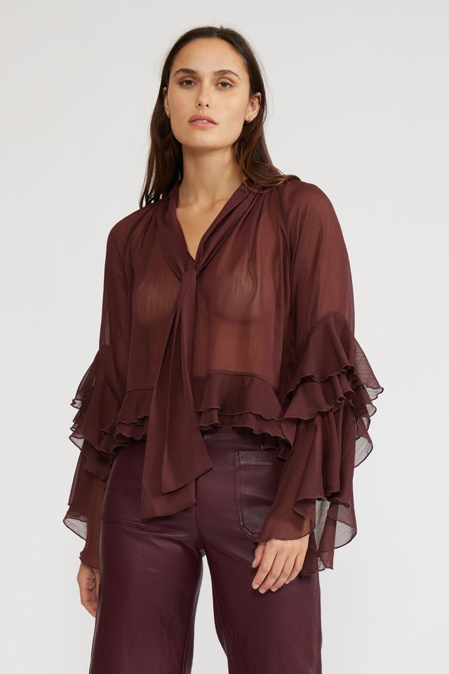 トップス DUELLING CHERRIES FITTED JERSEY TOP Puff Shoulder Jersey Top-Dark Cherry | Boden UK