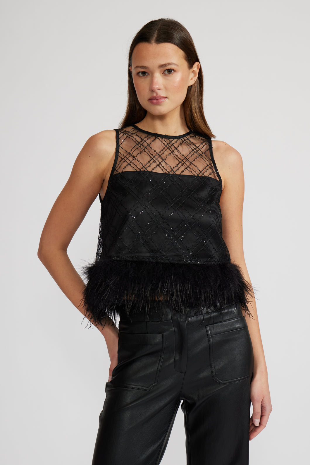 Feather trim Top - Black
