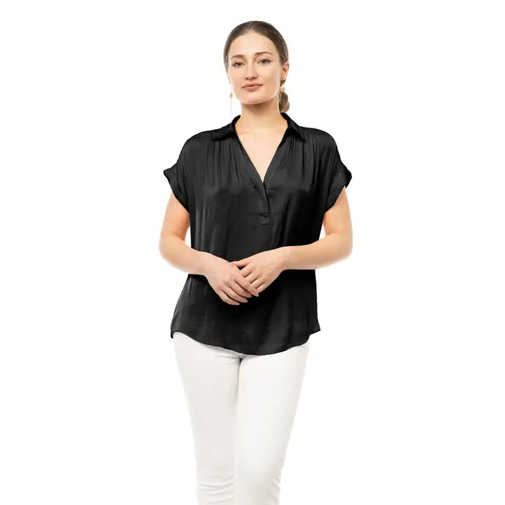 Placket Short Blouse - Black