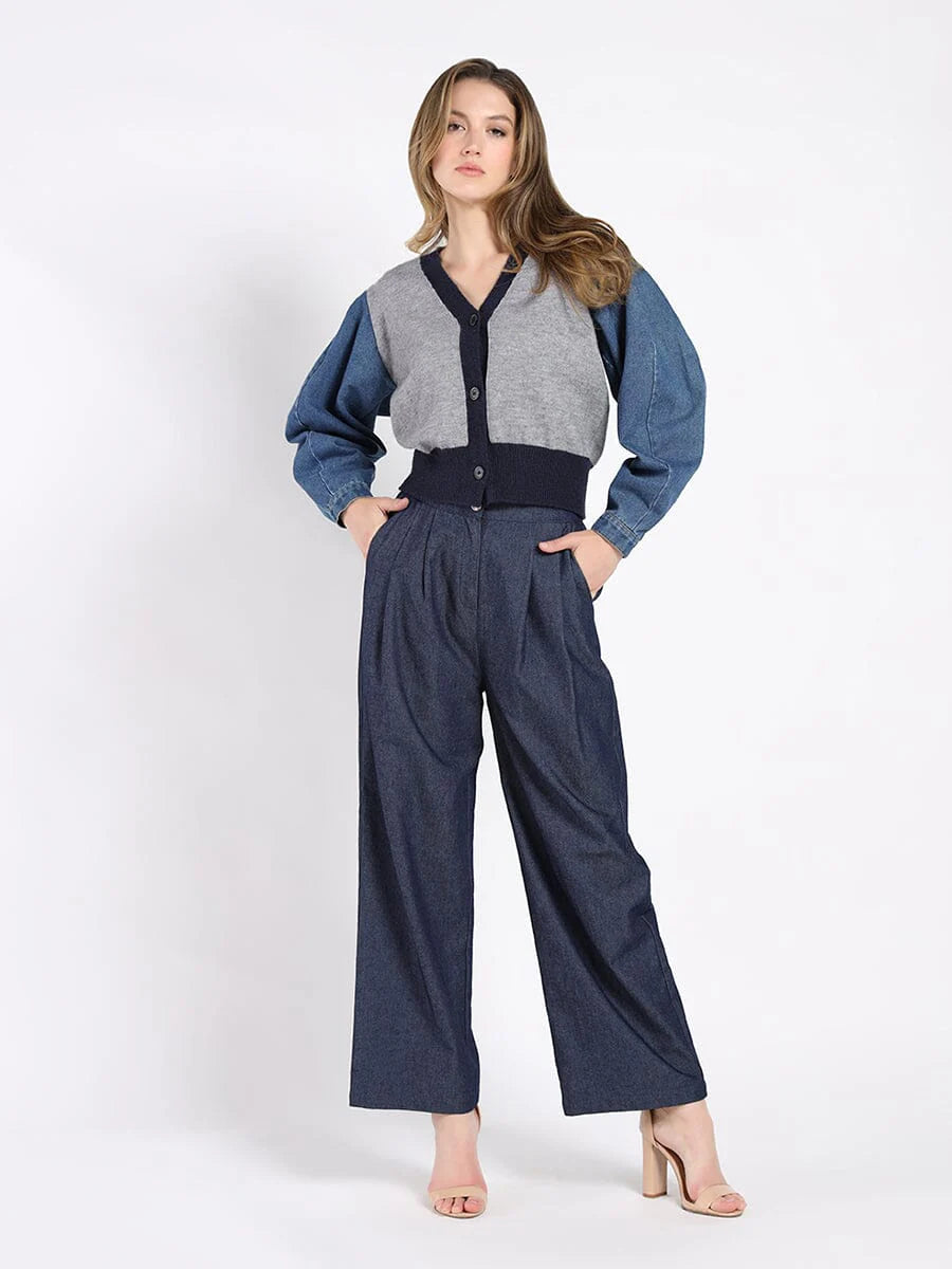 Denim sleeve Cardigan - Grey