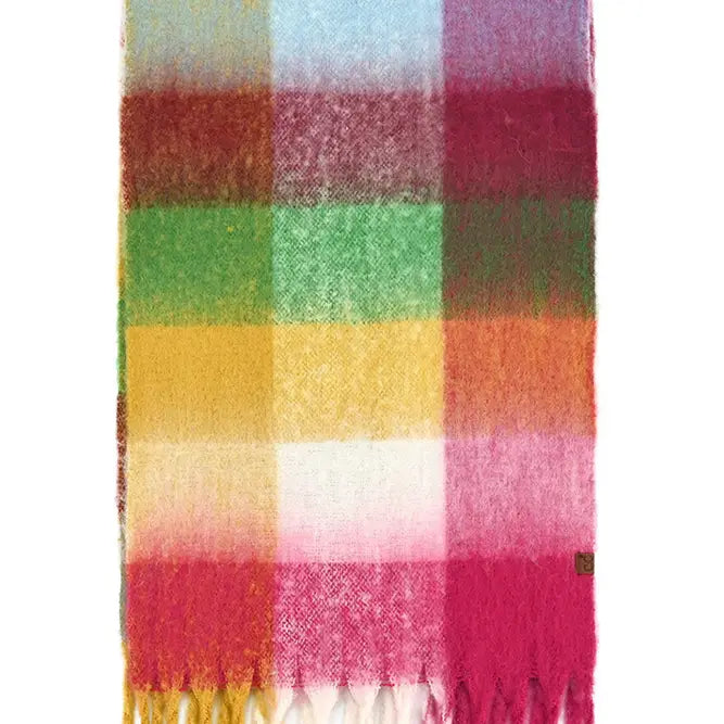 block plaid scarf - yellow/green/red