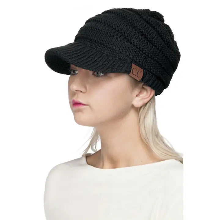 knitted brim beanie - Black