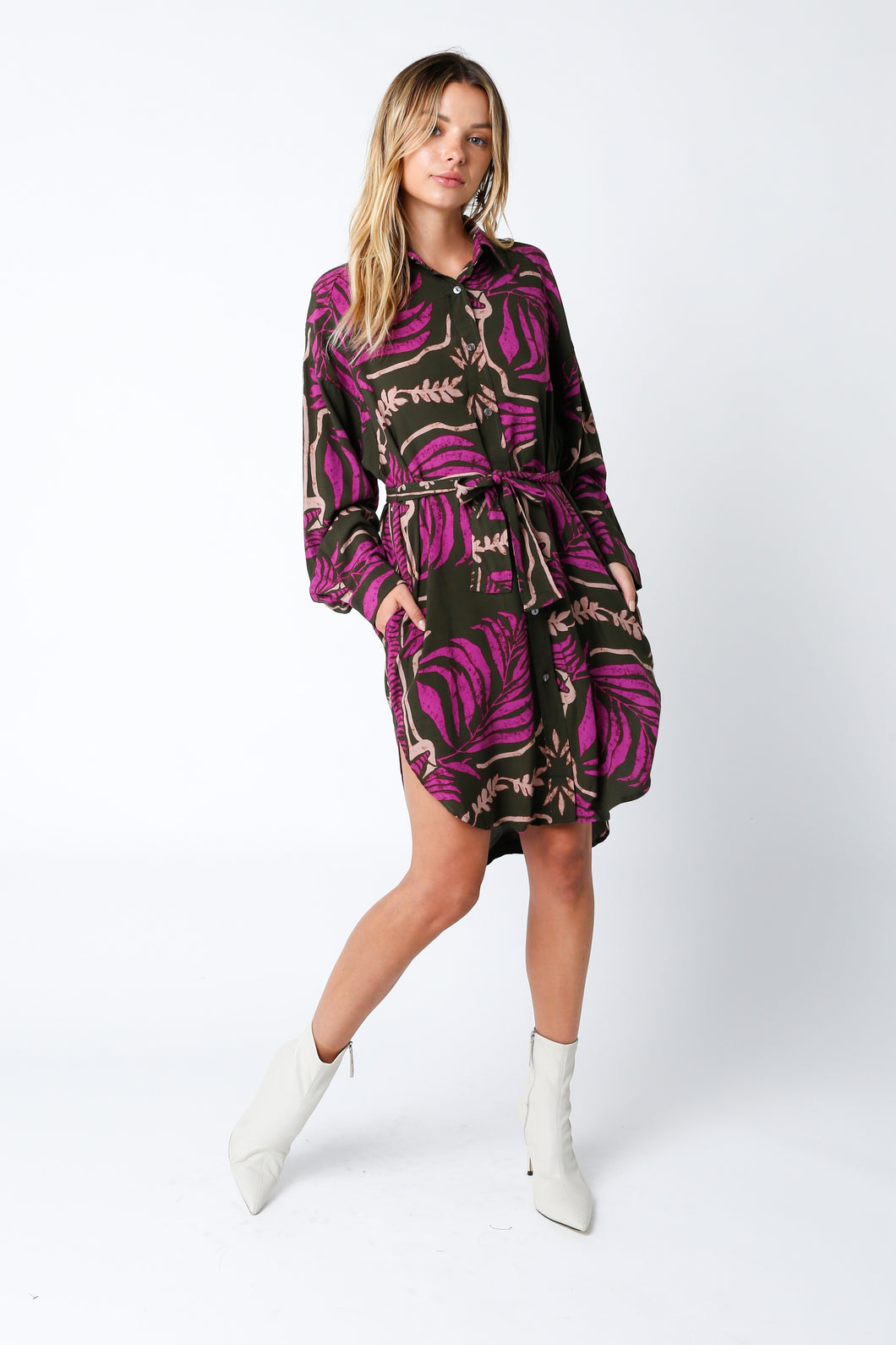 LS Shirt Dress - Fuchsia/Olive