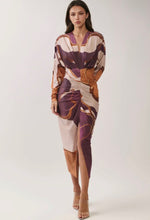 Load image into Gallery viewer, abstract v nk ruched midi drs - plum multi

