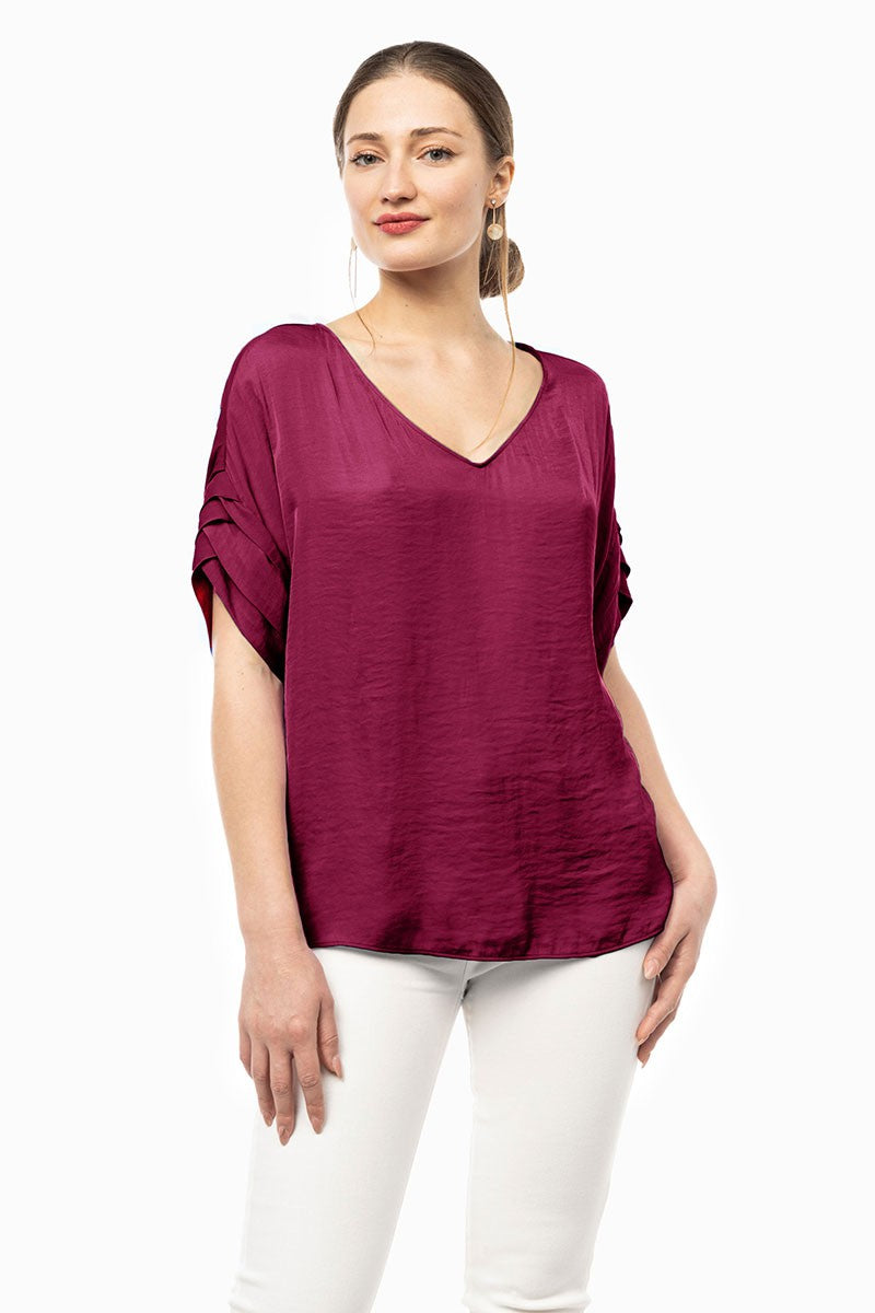 V Neck Satin Blouse - Garnet
