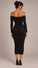 Load image into Gallery viewer, off sldr shirring midi drs - black
