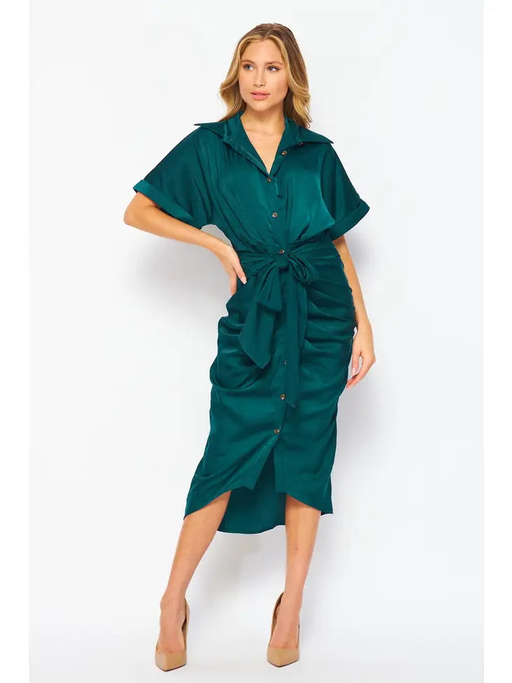 Ruched Buttondown Dress - Teal