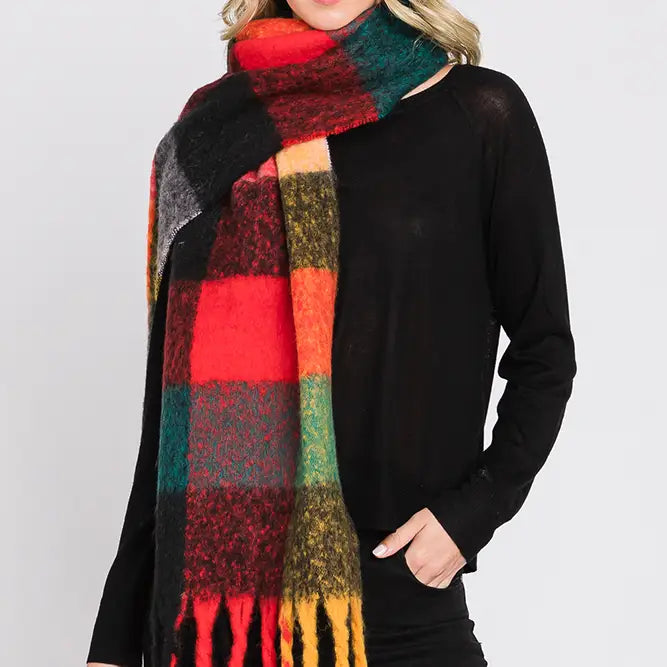 Plaid fringe scarf - Neon orange/teal