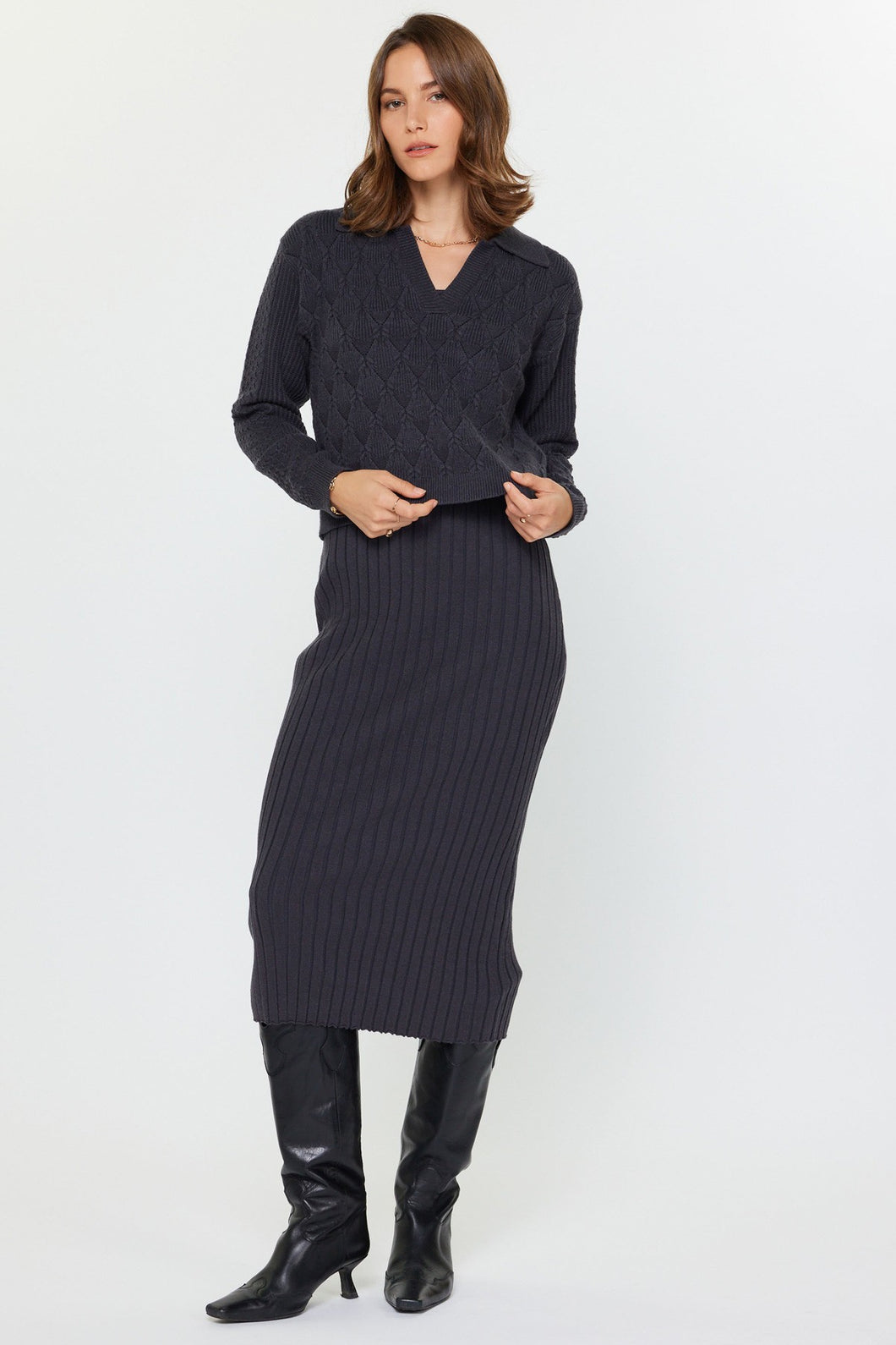 Collared neck Twofer dress - Charcoal