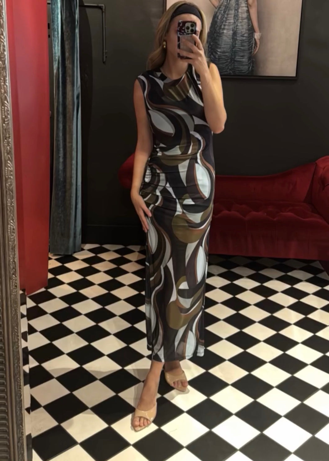 pucci midi dress Ruched condiva tango fashion Black and Pink100% silkSleevelessMidi Long Dark Green Satin Size:King