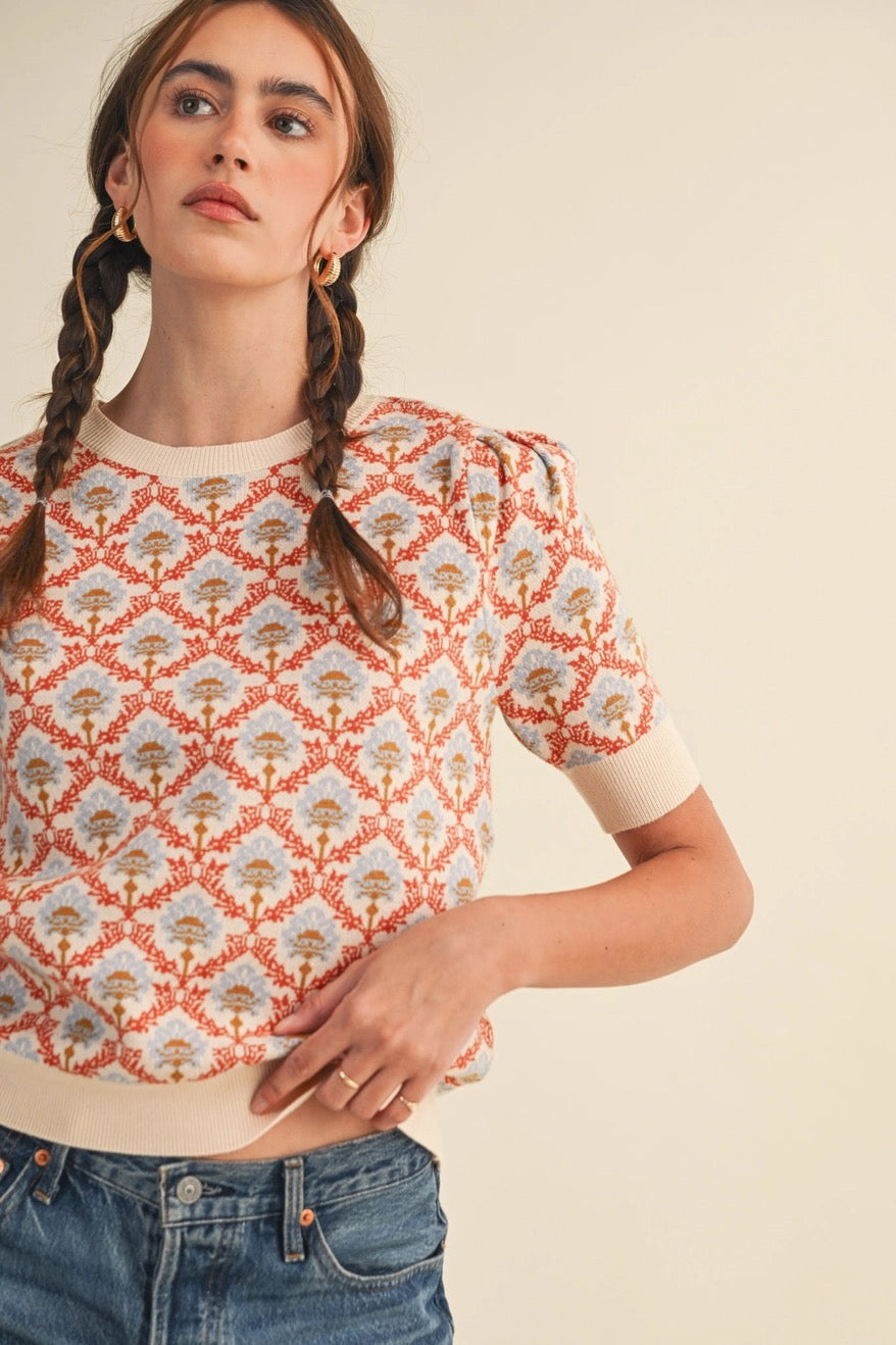 floral short sleeve sweater - orange