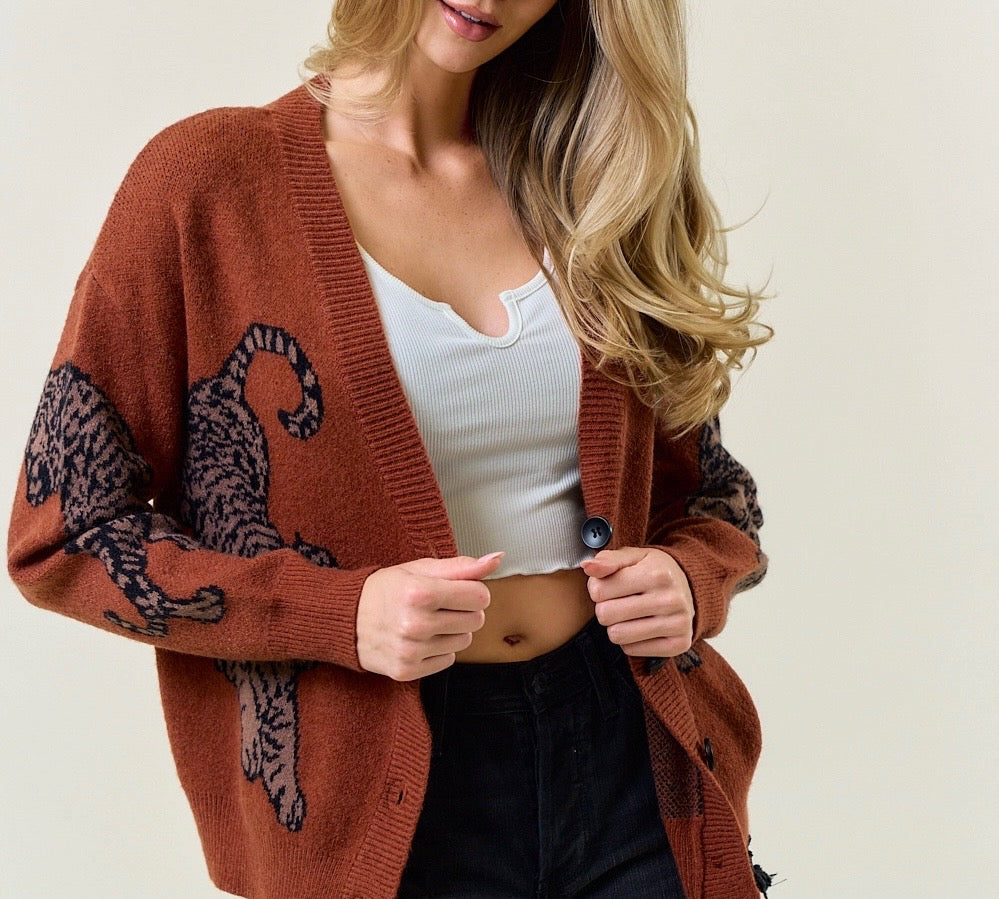 tiger print cardigan - rust