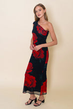 Load image into Gallery viewer, drop one shoulder mesh dress - blk floral
