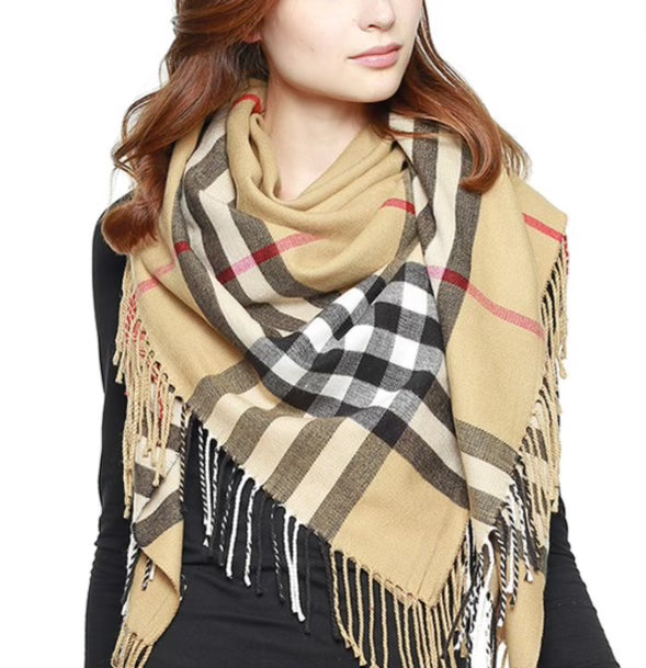Plaid Shawl Scarf - Taupe