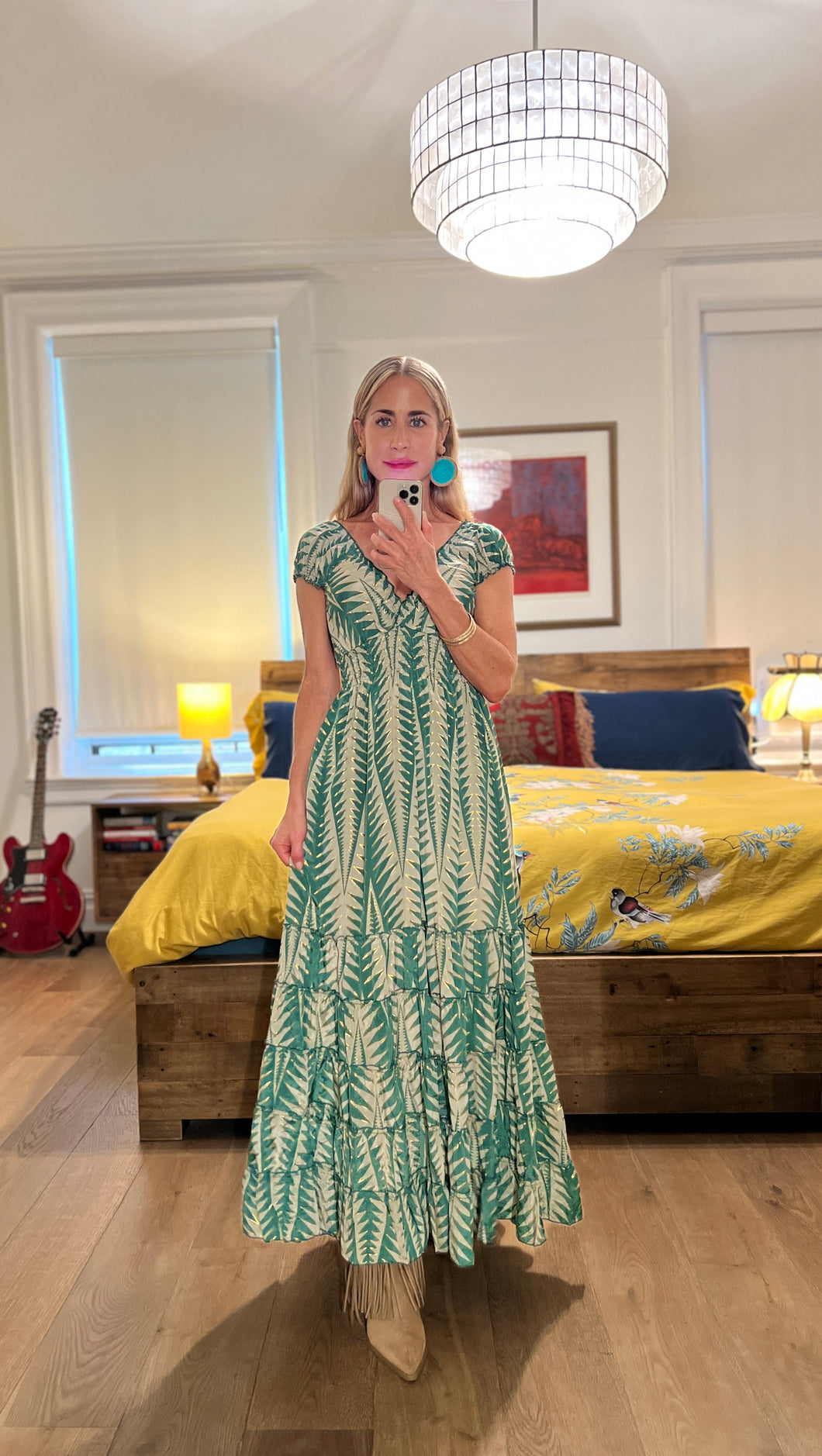 SMOCKED MAXI DRESS - GREEN ZIG