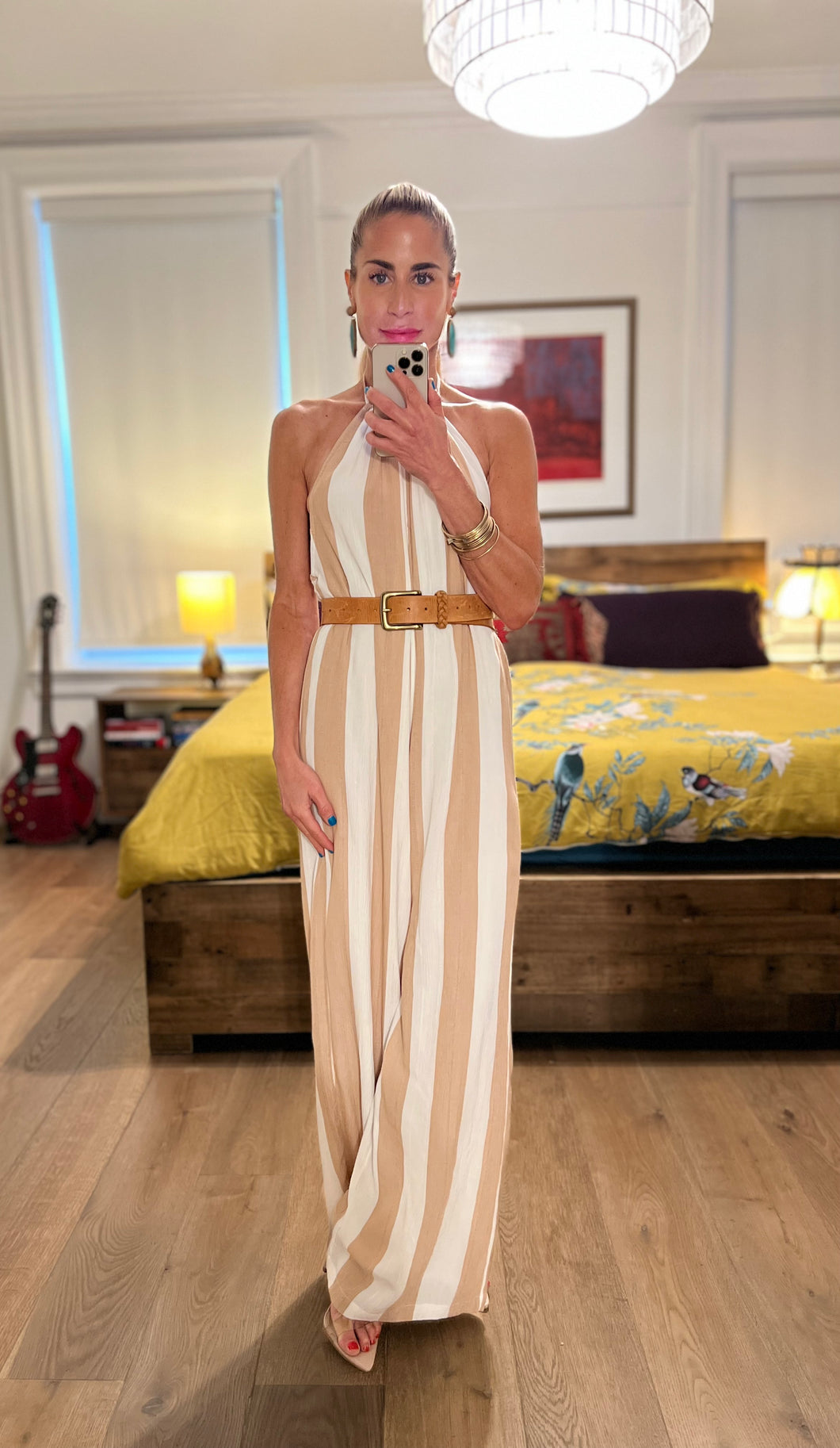 Striped halter jumpsuit - Taupe