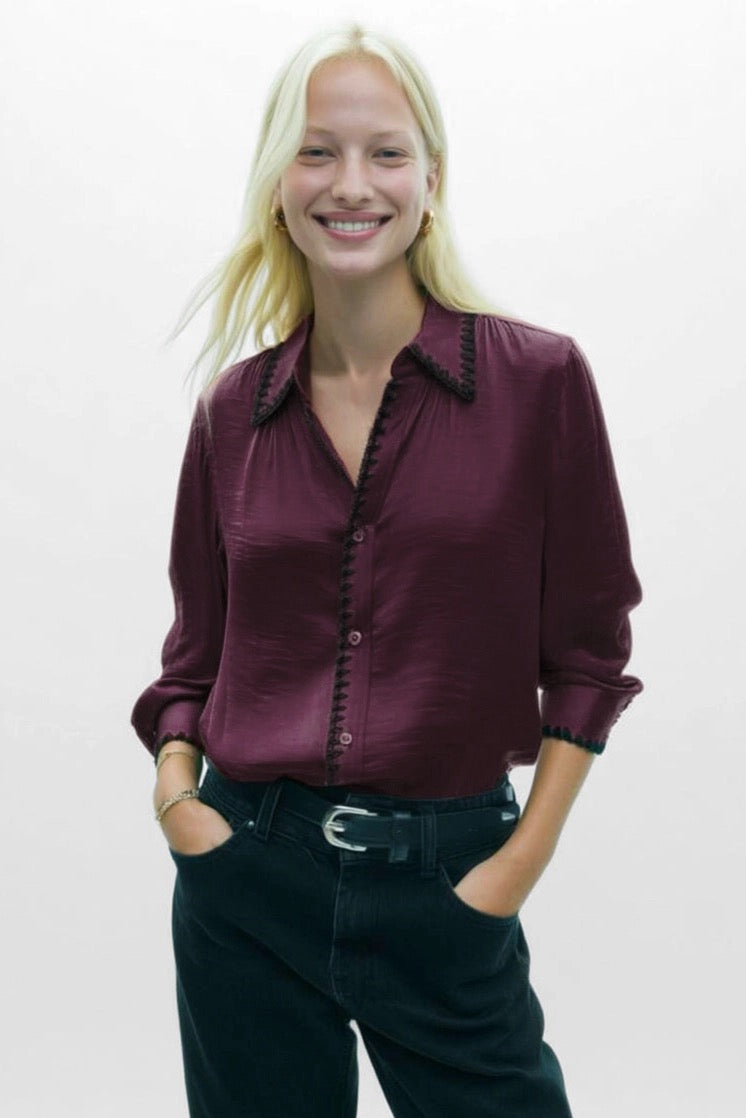 blanket stitch silky button blouse - wine