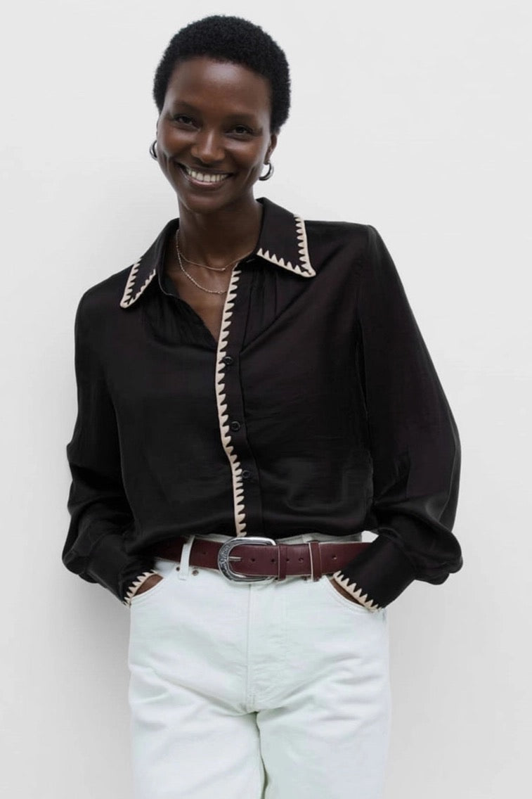 blanket stitch silky button blouse - black