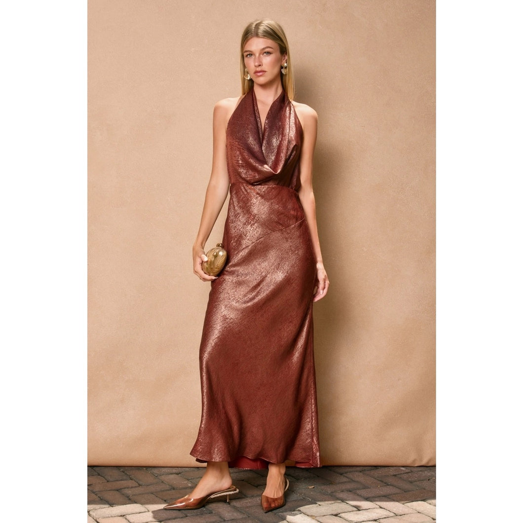 liquid satin cowl midi dress - sunset