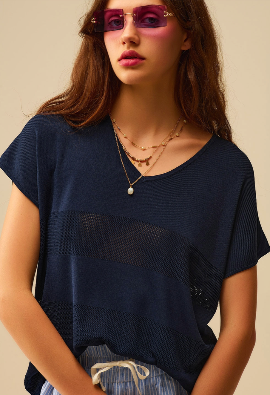 Striped Texture knit sweater - Navy/