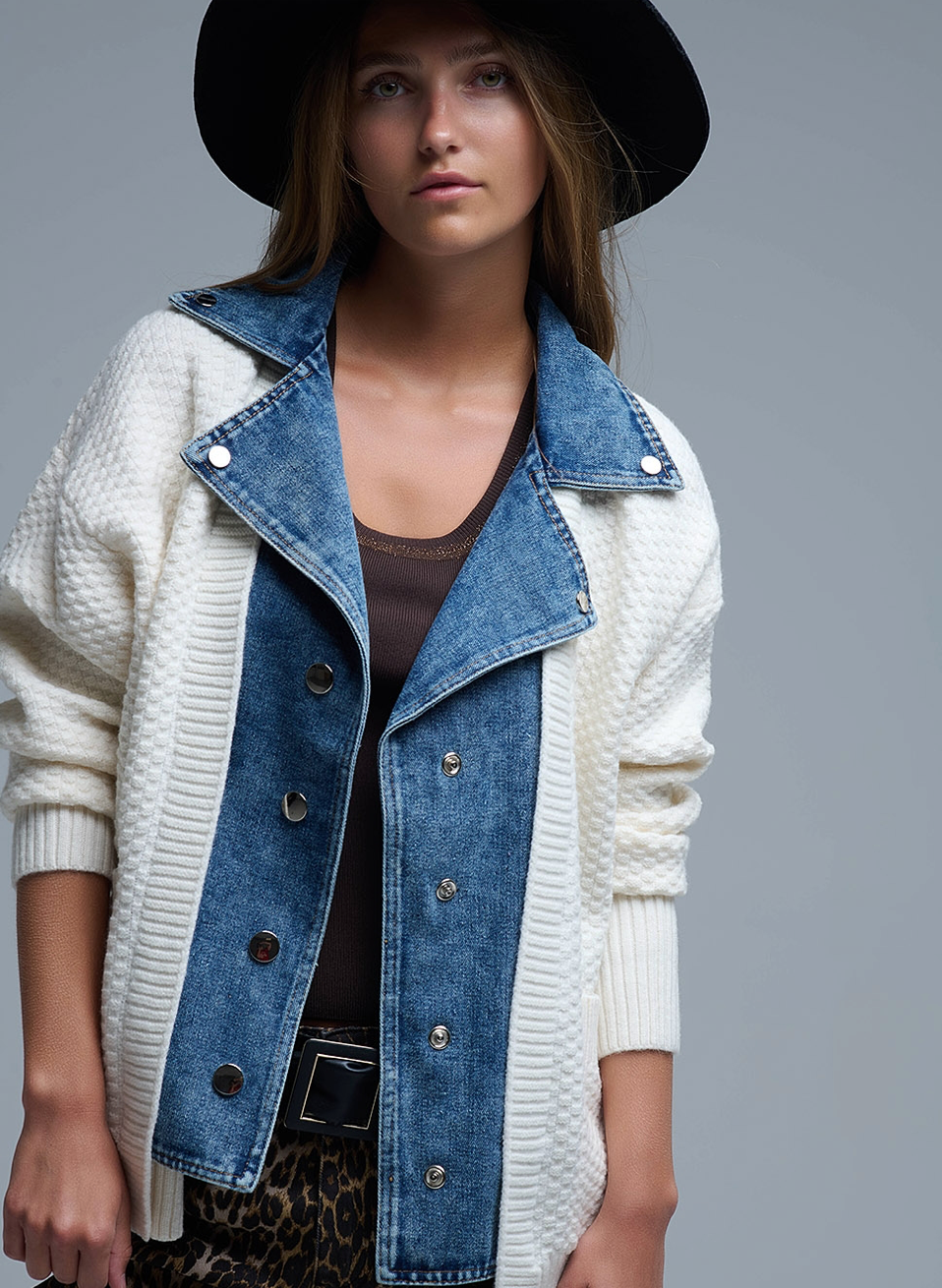 waffle knit cardigan with denim - off white