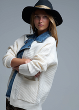 Load image into Gallery viewer, waffle knit cardigan with denim - off white
