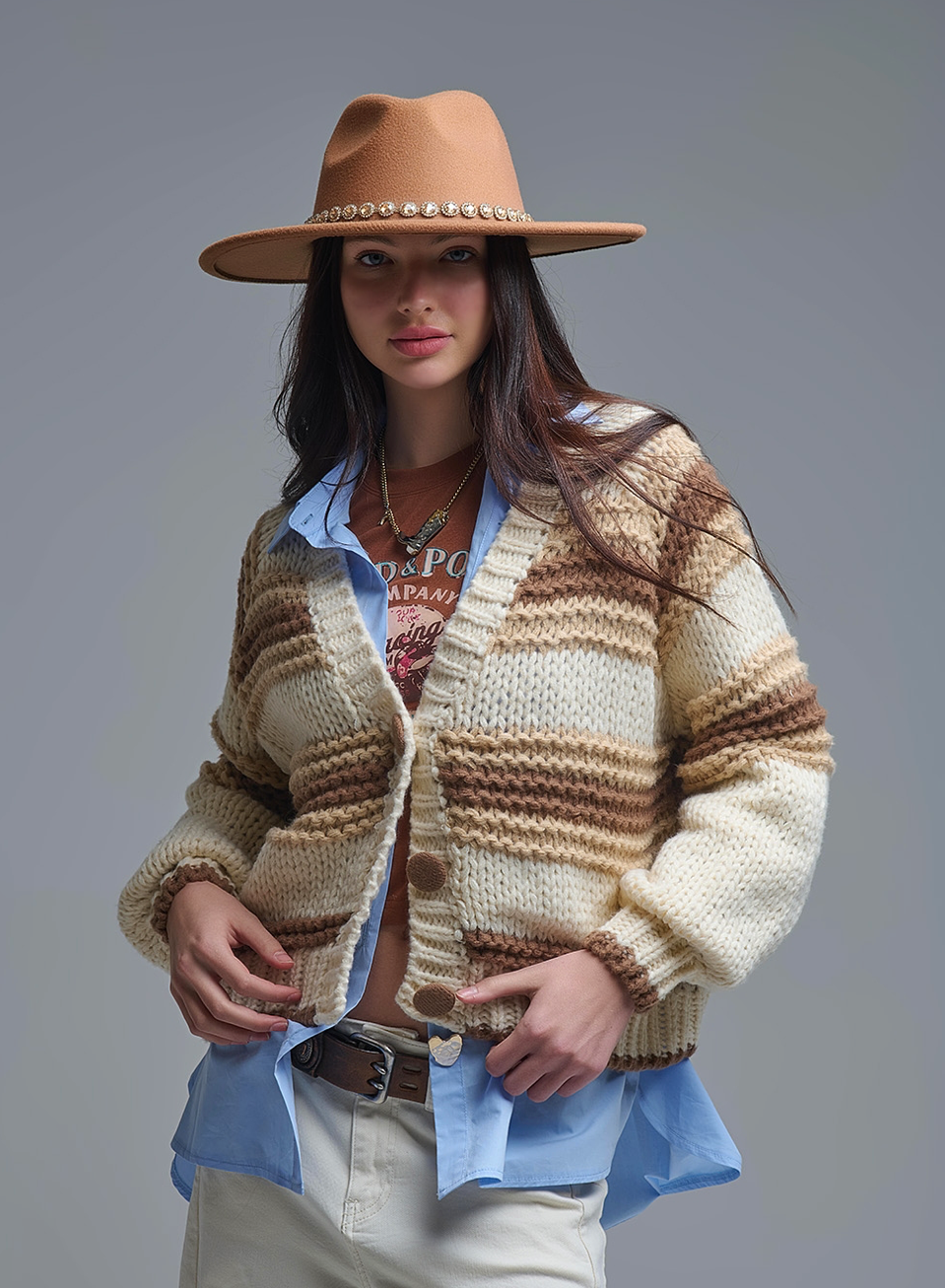 V neck chunky cardi - Brown