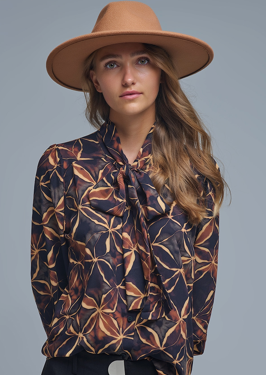 Abstract print bow blouse - Blk / Rust