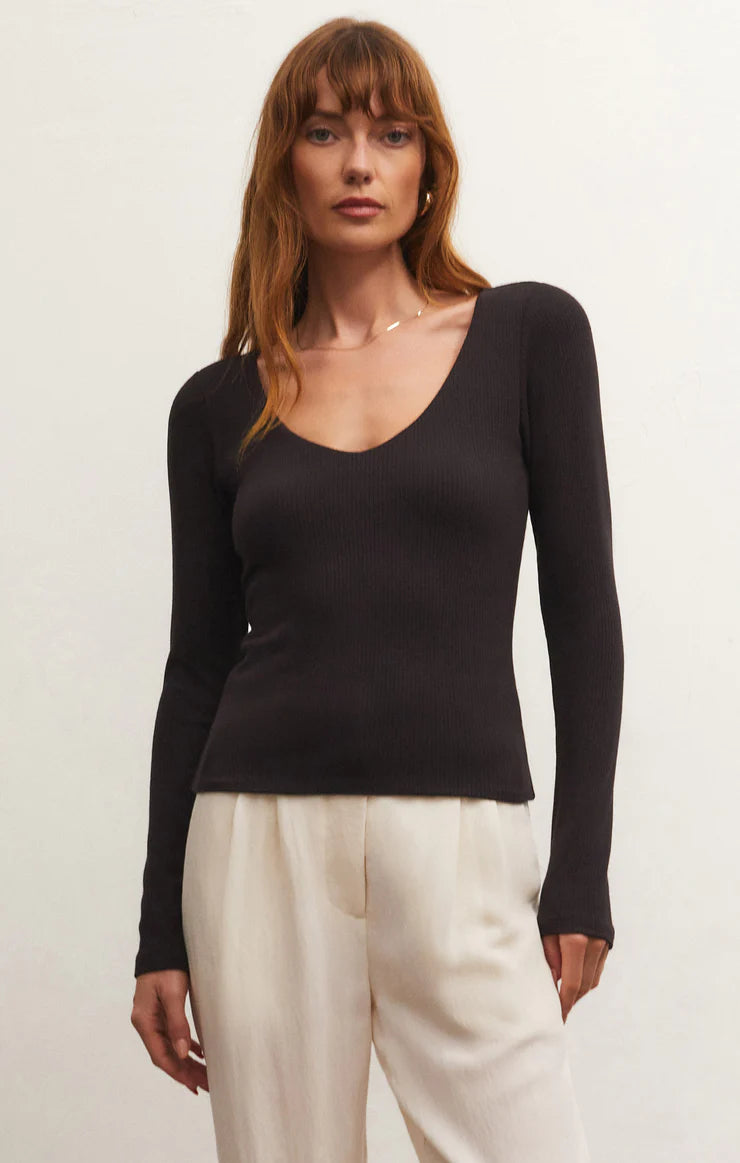 V Neck LS Top - Black