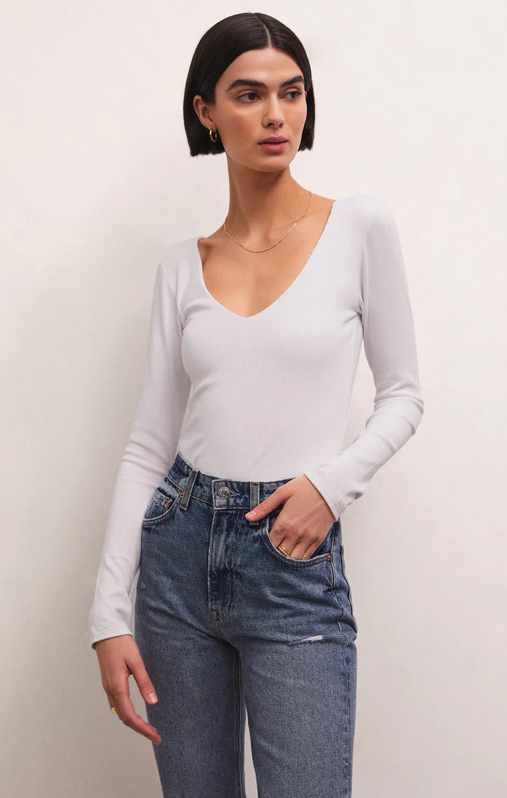 V Neck LS Top - White